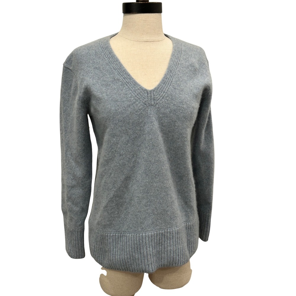 Vince Womens Small 100% Cashmere V-Neck Sweater Light Blue Heather Stretch Soft